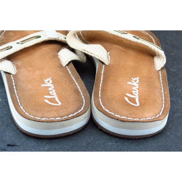 Clarks Size 9 M Beige Flip Flop Fabric Women Sandal Shoes - Picture 5 of 7
